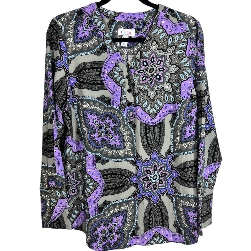 Denim &‎ Co. Printed Split Y Neck Tunic with Flared Sleeves S